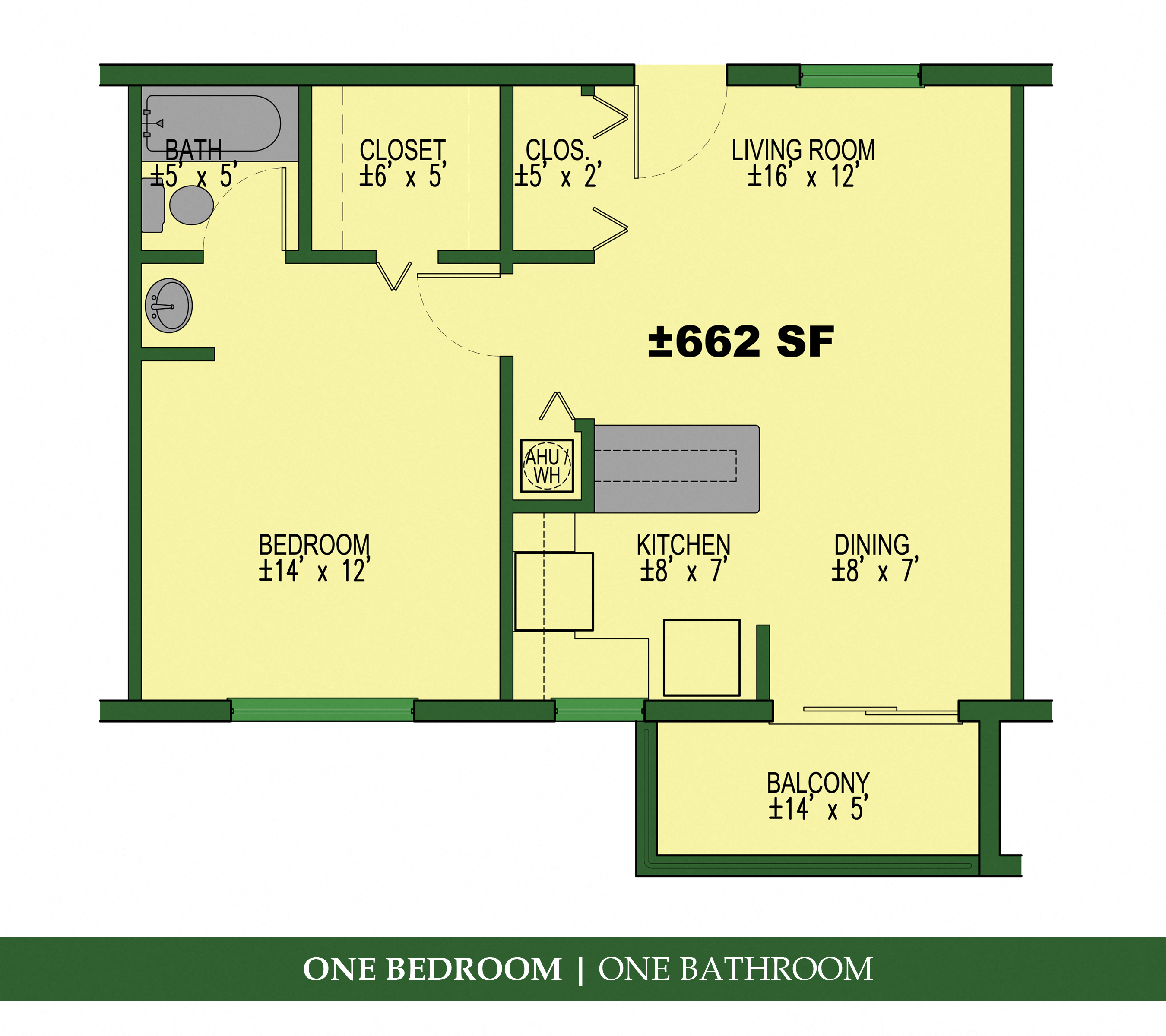 Floor plan for 1 bed, 1 bath, 597 sqft